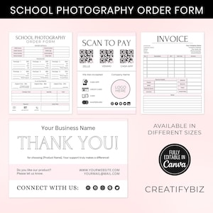 May include: A collection of pink and white school photography order forms, invoices, and thank you cards. The forms include sections for order details, payment, and contact information. The thank you card features the text "THANK YOU!" and contact information.