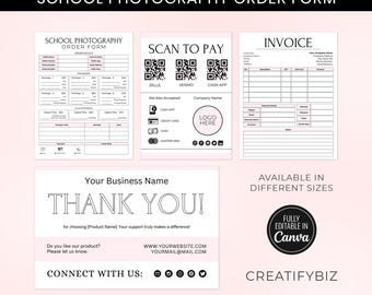 May include: A collection of pink and white school photography order forms, invoices, and thank you cards. The forms include sections for order details, payment, and contact information. The thank you card features the text "THANK YOU!" and contact information.