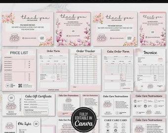 Editable Cake Business Canva Template Bundle, Printable Home Bakery, Care Card, Invoice Price List