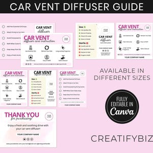Puede incluir: Una guía para difusores de ventilación de coche, con instrucciones y consejos. El diseño rosa y blanco incluye "Dos" y "Don'ts" para su uso, junto con una tarjeta de "Gracias". El texto incluye "Totalmente editable en Canva".
