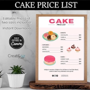 Kuchen Preisliste Vorlage, Kuchen und Leckerei Preisliste Vorlage, Kuchen Geschäft Preisliste, Menüvorlage für Bäckerei, Preisliste für Hausbäckerei