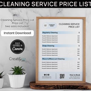 May include: A printable cleaning service price list template in a brown frame. The template is fully editable in Canva and includes prices for studio, one, two, and three bedroom apartments for regularly cleaning, deep cleaning, and move in/move out cleaning. The template also includes a QR code for booking appointments.