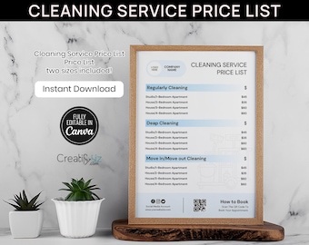 Plantilla de lista de precios de servicios de limpieza, guía de precios editable (Canva)
