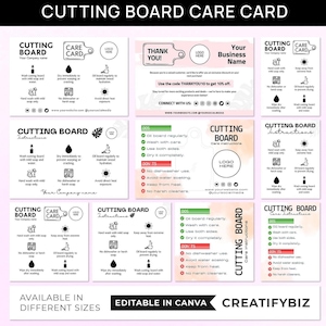May include: A collection of cutting board care cards with instructions, dos and don'ts, and a thank you card. The cards feature icons and text, including care tips like washing with mild soap and oiling regularly. The design is editable in Canva.