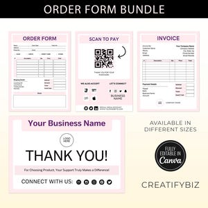 May include: A pink and black order form bundle for businesses. The bundle includes an order form, a scan to pay QR code, an invoice, and a thank you card. The text on the thank you card reads "Thank You! For Choosing Product, Your Support Truly Makes a Difference! Connect With Us:"