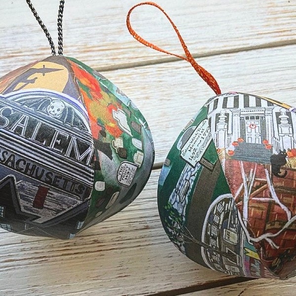 Hand-Drawn Salem Massachusetts Handmade Mini-Globe - Ornament