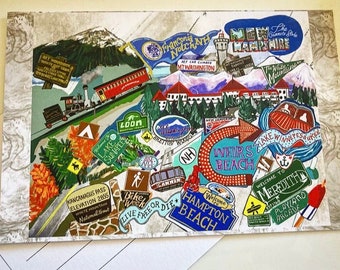 May include: A colorful illustration of New Hampshire landmarks, including mountains, lakes, and a beach. The illustration features text such as "Franconia Notch NH", "Lake Winnipesaukee", "Weirs Beach", and "Hampton Beach".