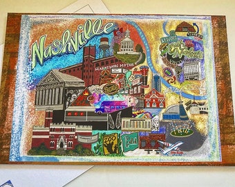 NEW Hand-Drawn Nashville, TN Tourist Sites Postcard