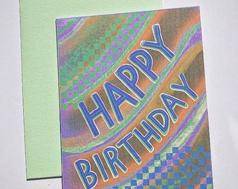 NEW Hand-Drawn Checker Pastel Happy Birthday Card