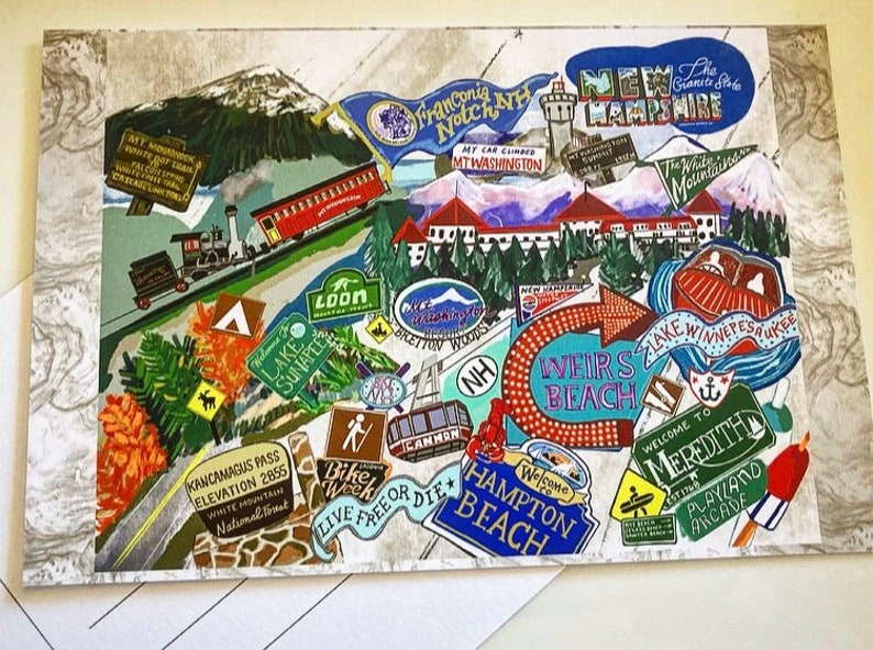 NEW Hand-Drawn New Hampshire Recreational Sites Postcard image 1