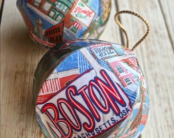 NEW Hand-Drawn Boston Sites print handmade Mini-Globe Ornament