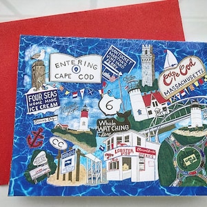 May include: A colorful illustration of Cape Cod, Massachusetts, featuring landmarks like lighthouses, a bridge, and a whale watching sign. The text "Entering Cape Cod" and "Cape Cod, Massachusetts" are visible.