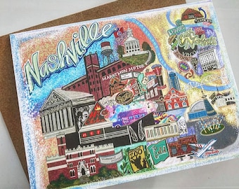 NIEUWE handgetekende Nashville, Tennessee Sites-kaart