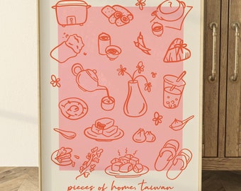 Taiwan Print (2 Colors) — Aesthetic, Trendy, Minimal, Neutral, Asian Food, Kitchen, Wall Art, Hand Drawn, Illustration, Pink, Green, Sketch