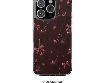 Dark Cherry Phone Case Coquette Bows iPhone 16 Pro Max 15 14 13, Burgundy Wine Red Cherry Phone Cover, Moody Aesthetic Fruit Case,