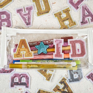 Personalized Clear Pencil Case with Sequin Alphabet Patches - Custom Name Bags, Back to School Gift for Kids, Cute Personalized Gift