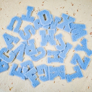Light Blue Alphabet Patches A–Z with White Border – Iron-On or Sew-On Letters for Jackets, Bags, Hats, Shirts and DIY Craft Projects