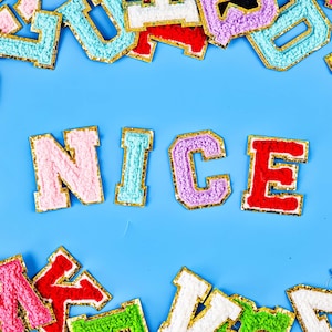 Gold Trim Chenille Letter Patches A–Z, Multicolor Alphabet Appliques, Iron-On or Sew-On Letters for DIY Bags, Jackets, Hats, Crafts
