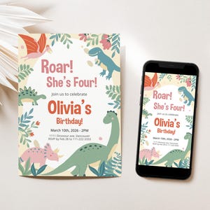 Roar! Dino Girl Dinosaur Birthday Invitation, Editable, Kawaii Cute Evite, Birthday Girl, Edit and print at home A004
