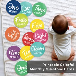 Tarjetas de hitos mensuales para bebés, sencillas y coloridas: círculos, imprimibles, unisex, pegatinas, arcoíris: impresión y corte Cricut, PNG, PDF