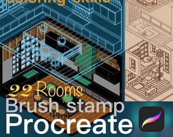 22 Rooms Brush Stamp, Isometric Coloring, Procreate Interior Stamp ...