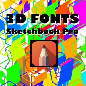 May include: A vibrant graphic with the text "3D FONTS Sketchbook Pro" in bold black letters. The background features a colorful geometric design with orange, green, purple, and blue shapes. An app icon with a pencil is in the center.
