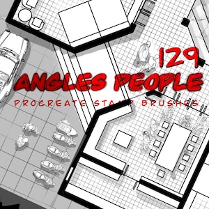 May include: Black and white digital art illustration featuring architectural elements and figures. The red text reads "ANGLES PEOPLE" with "PROCREATE STAMP BRUSHES" underneath. Includes a car, motorcycles, and people in a grid-like setting.