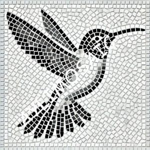 Op de afbeelding: Een zwart-witte mozaïektegel met een kolibrie in vlucht. De kolibrie is gemaakt van kleine, vierkante tegels en de achtergrond is een witte mozaïek.