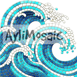 May include: A mosaic design of blue and white waves crashing against each other. The waves are made up of small, square tiles.