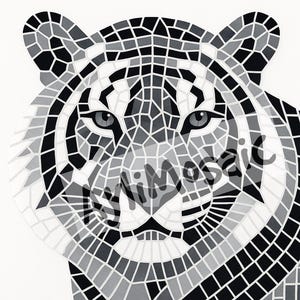 Peut inclure: Une œuvre d'art en mosaïque représentant le visage d'un tigre dans des tons de gris et de noir. Le motif utilise un motif géométrique de petits carreaux carrés pour créer l'image. Les yeux du tigre sont détaillés, et l'effet global est saisissant.