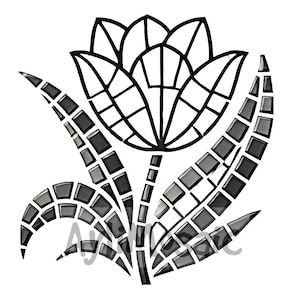 May include: Black and white mosaic tile design of a tulip flower with leaves. The tulip is made of small square tiles, and the leaves are made of rectangular tiles.
