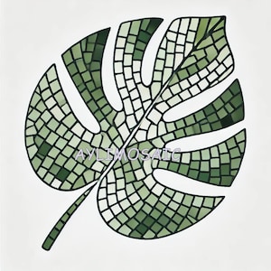 Puede incluir: Una hoja de mosaico verde con una forma única, que se asemeja a una planta de monstera. La hoja está compuesta por pequeñas baldosas cuadradas en tonos de verde.