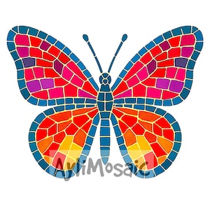 May include: A colourful mosaic butterfly with red, orange, yellow, blue and purple tiles. The butterfly has a blue body and wings with a mosaic pattern.