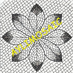 May include: A black and white mosaic tile design featuring a stylized flower with six petals. The tile is made of small, square pieces of ceramic or glass. The word "AYLIMOSAIC" is written in yellow letters across the center of the tile.