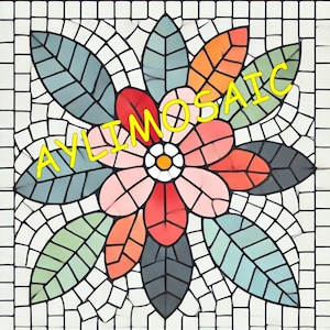 Może przedstawiać: Wzór mozaiki z płytek przedstawiający różowy kwiat z czerwonymi i pomarańczowymi płatkami i zielonymi liśćmi. Słowo "AYLIMOSAIC" jest napisane żółtymi literami na kwiecie.