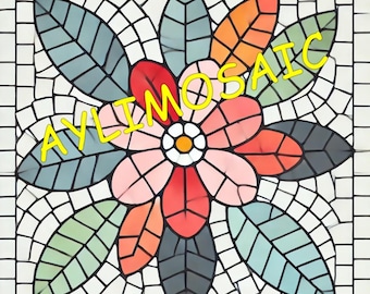 May include: A mosaic tile design featuring a pink flower with red and orange petals and green leaves. The word "AYLIMOSAIC" is written in yellow letters across the flower.