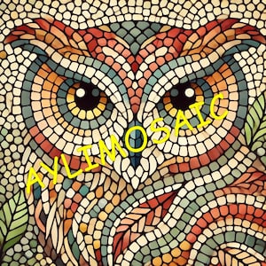 Op de afbeelding: Een mozaïek uil ontwerp met de tekst "AYLIMOSAIC" in geel. De uil heeft een gedetailleerd patroon van kleine, kleurrijke tegels in tinten rood, oranje, blauw en groen. De ogen van de uil zijn groot en donker, met een gele snavel.