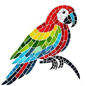 Könnte beinhalten: Ein bunter Mosaik-Papagei mit roten, gelben, grünen, blauen und schwarzen Fliesen. Der Papagei sitzt auf einem Ast.