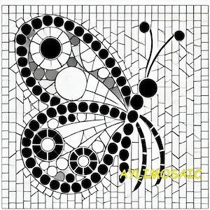 Könnte beinhalten: Schwarz-weiß Mosaikkunstwerk mit einem Schmetterlingsdesign. Der Schmetterling hat detaillierte Flügel mit kreisförmigen und punktförmigen Mustern. Der Hintergrund ist ein Raster aus kleinen, unregelmäßigen Formen. Der Text "AYLIMOSAIC" ist gelb.