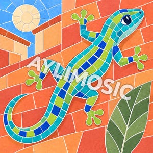 Peut inclure: Une œuvre en mosaïque représentant un lézard bleu et vert sur un fond de briques orange avec un soleil et une feuille. Le texte AYLIMOSIC est superposé au centre de l'image. Le lézard est composé de petits carreaux carrés bleus et verts.