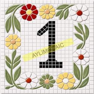 May include: A square mosaic tile featuring the number 1 in black, surrounded by a floral border. The flowers are in red, yellow, white, and green, with a white background. The text "AYLIMOSAIC" is partially visible.