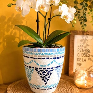 Könnte beinhalten: Eine weiße Orchidee in einem zylindrischen Pflanzgefäß, das mit einem Mosaikmuster aus blauen, hellblauen und weißen Glasfliesen in geometrischen Dreiecken und horizontalen Streifen verziert ist, mit dunkelgrünen Blättern und weißen Blüten.