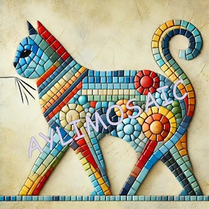 May include: A colorful mosaic cat with a blue, red, yellow, and orange color scheme. The cat is walking with its tail curled up.