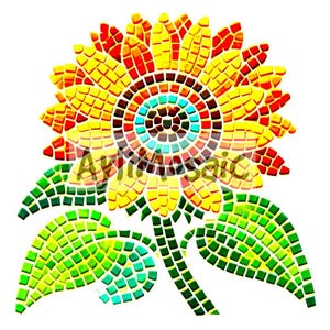 Può includere: Un girasole a mosaico con piastrelle gialle, arancioni, rosse e verdi. Il girasole ha un centro circolare con anelli concentrici di piastrelle di diversi colori.