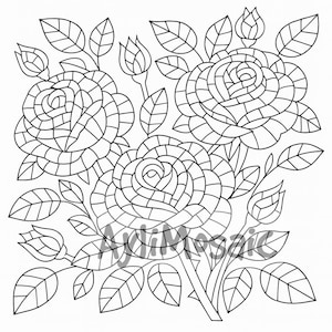 May include: A black and white line drawing of roses, leaves, and buds. The roses are depicted in full bloom, with intricate petal patterns. The leaves and stems are also outlined, creating a floral design. The image has the text "Ayli Mosaic".