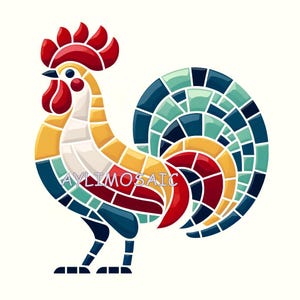 May include: A colorful mosaic rooster with a red comb and wattle, yellow body, blue and green tail feathers, and black legs. The rooster is standing on a white background.