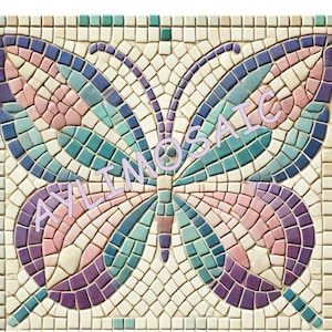 May include: A colourful mosaic butterfly design with shades of pink, purple, blue, and green. The mosaic tiles are arranged in a pattern that creates the shape of a butterfly.
