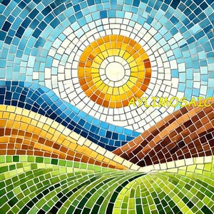 May include: A mosaic tile artwork depicting a landscape with a bright yellow sun, blue mountains, and green fields. The artwork is made of small, colorful tiles arranged in a geometric pattern.