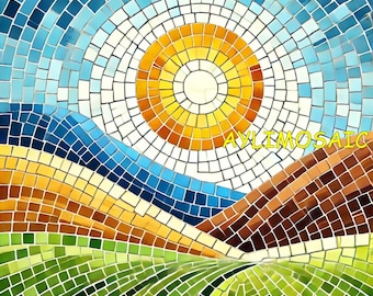 Può includere: Un'opera d'arte in mosaico che rappresenta un paesaggio con un sole giallo brillante, montagne blu e campi verdi. L'opera è realizzata con piccole tessere colorate disposte in un motivo geometrico.