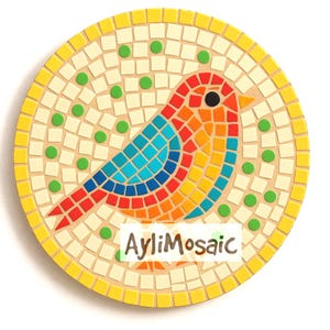 May include: A circular mosaic with a vibrant bird design. The bird is depicted in blue, orange, red, and yellow, with a black eye. The mosaic has a yellow border and green dots. The text "AyliMosaic" is present on the mosaic.